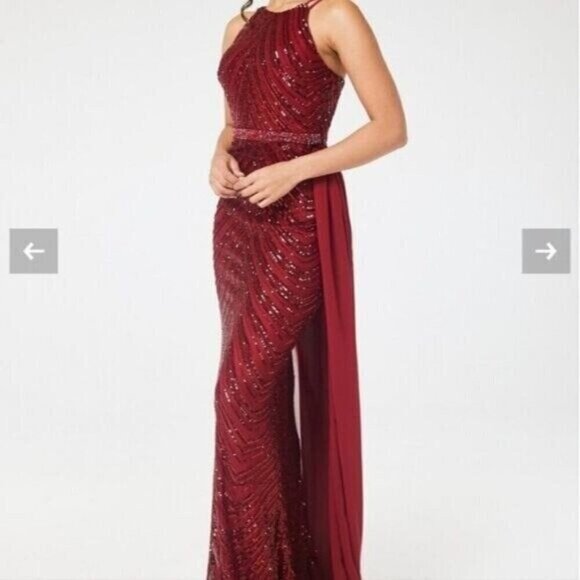 Burgundy,  O Neck, Sleeveless,  Detachable Skirt,  Sequined Mermaid Gown - Picture 4 of 16